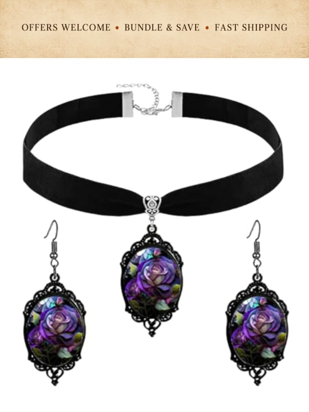 Gothic Black Velvet Choker Necklace Earrings Set Witch Crow Bat Glass Pendant